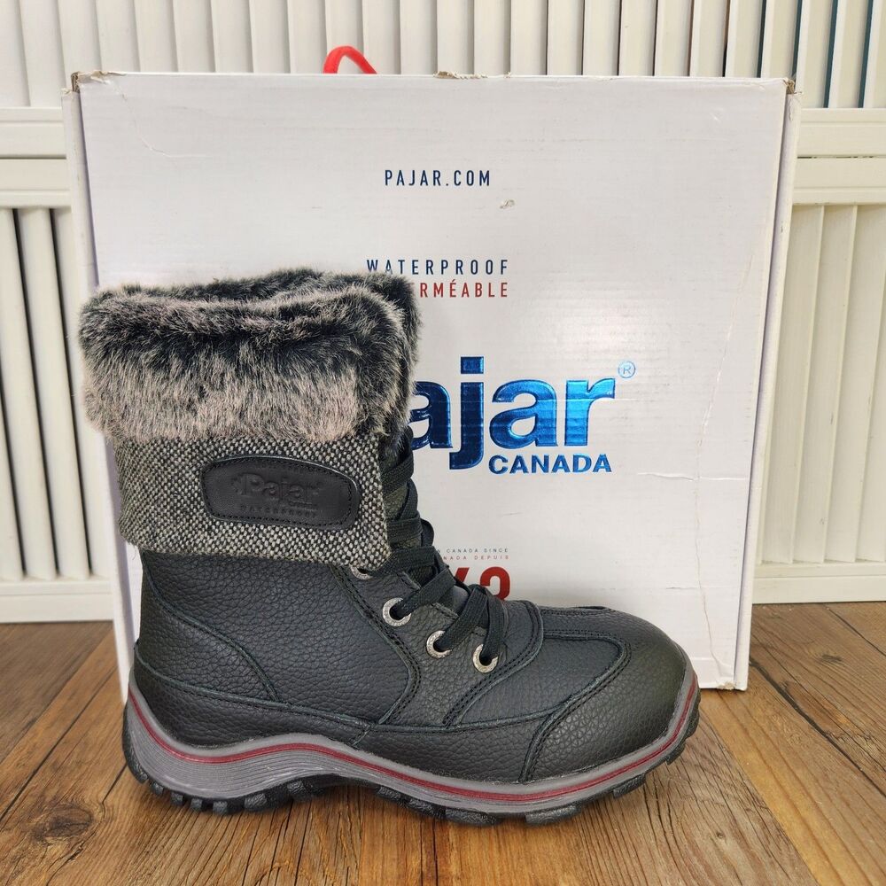 Pajar Alice Women's 8.5 Black Leather Waterproof Lined Snow Boots Faux Fur Trim